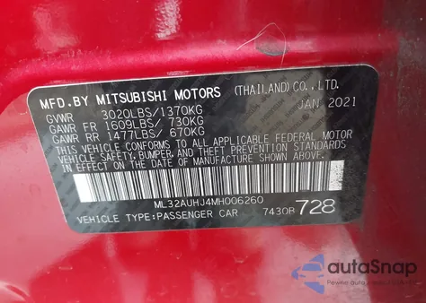 2021 Mitsubishi Mirage Carbonite Edition/Es/Le z USA, uszkodzony, nr VIN ML32AUHJ4MH006260